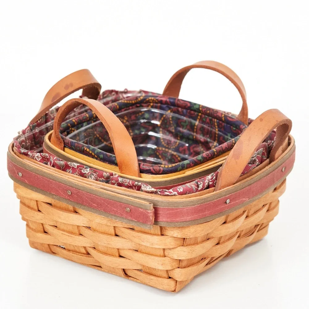Longaberger Basket Set Multi 1991 Fathers Day Spare Change Wood Leather